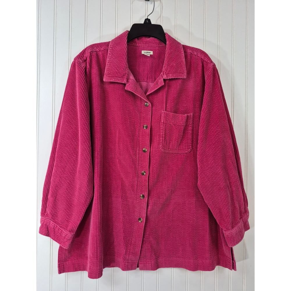 LL Bean Magenta Pink Corduroy Thick Button Down Shirt 1X Cotton Long Sleeve